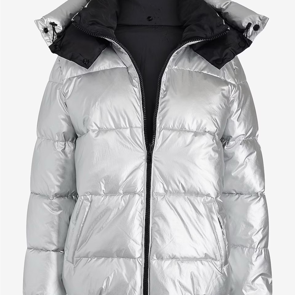 Express Silver Metallic/Black Reversible Puffer Coat- Large (NWT)